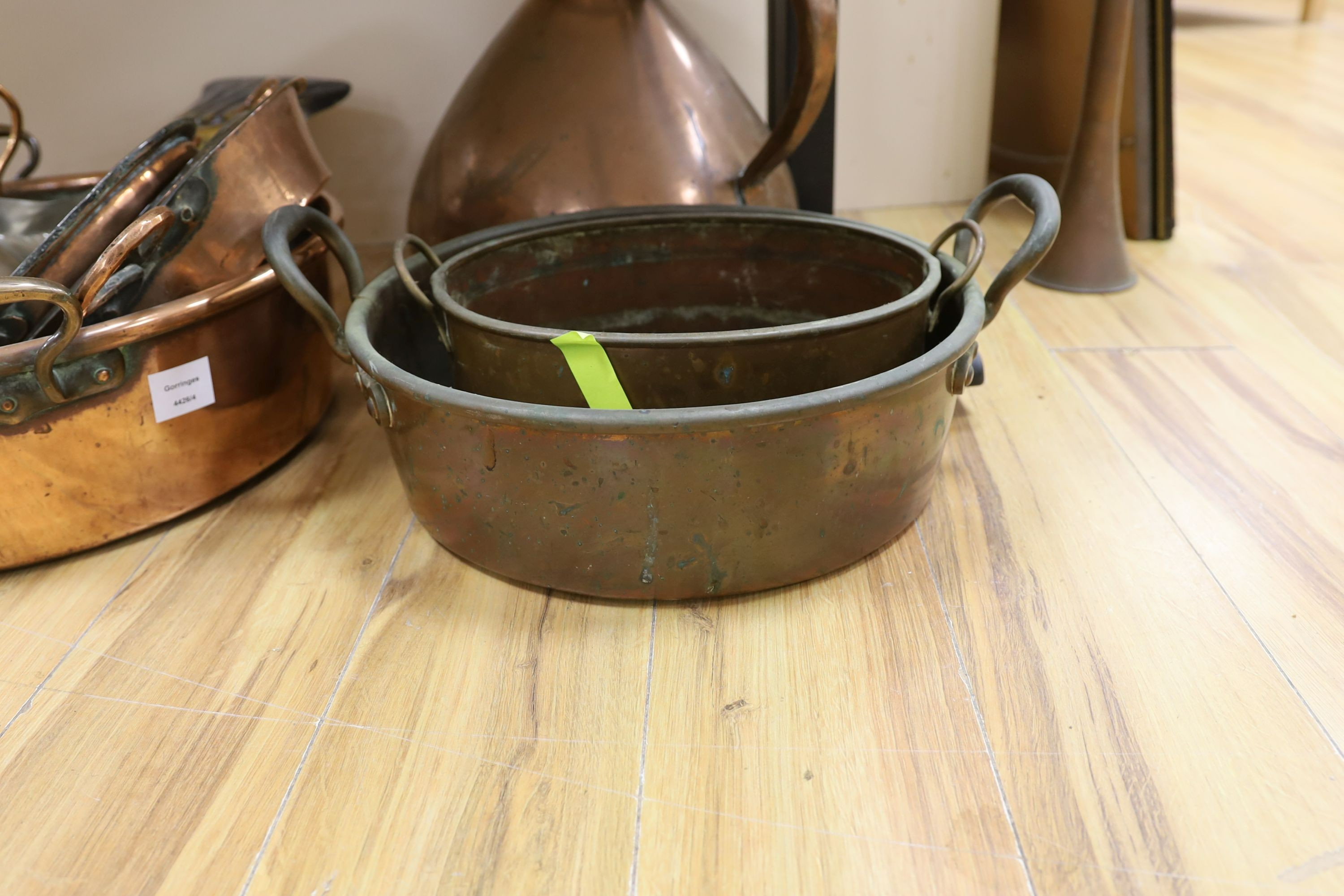 Assorted Copperwares to include fish jelly mould and Victorian coach horn